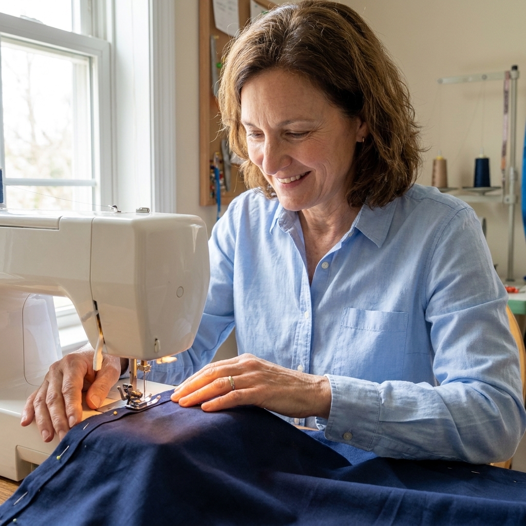 Hands stitching a waistband casing onto the top edge of a wrap skirt at a sewing machine