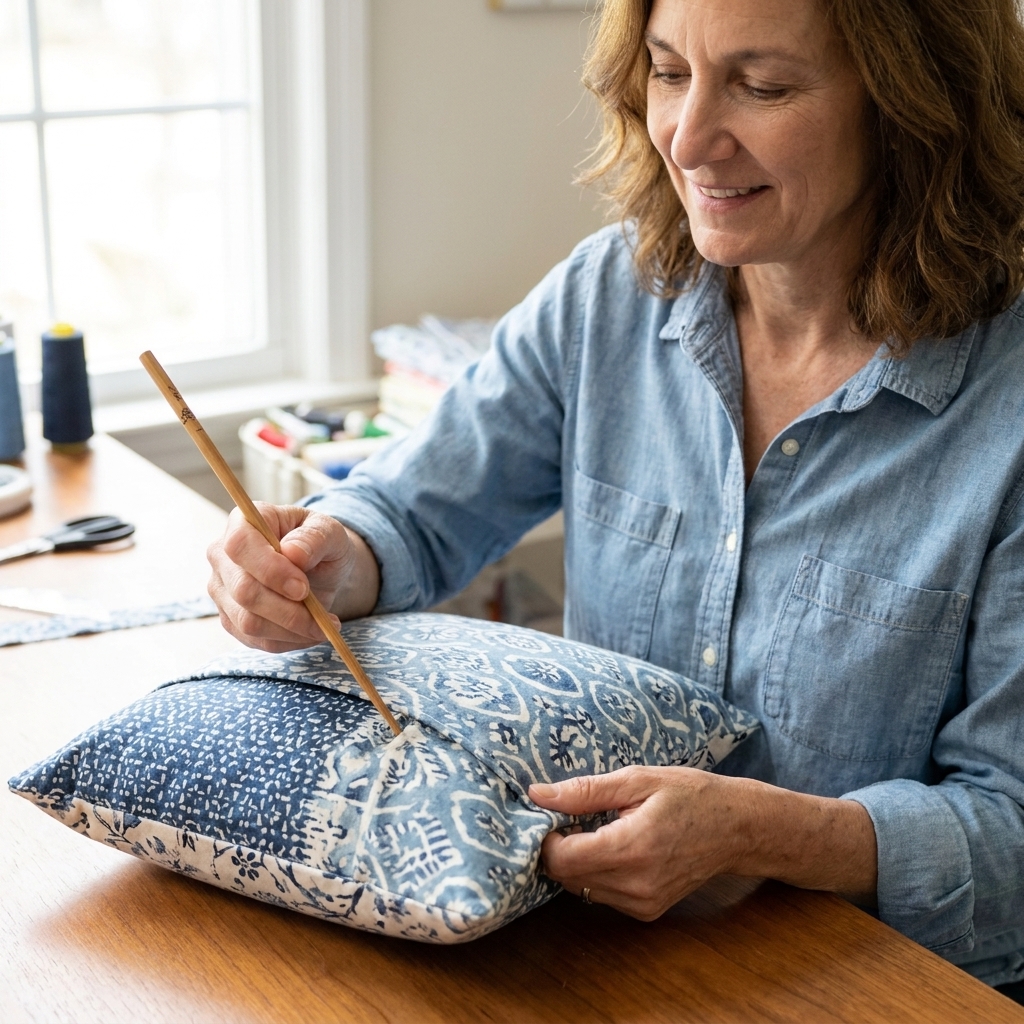 Hands turning an envelope pillow cover right side out and gently pushing out a corner with a wooden chopstick