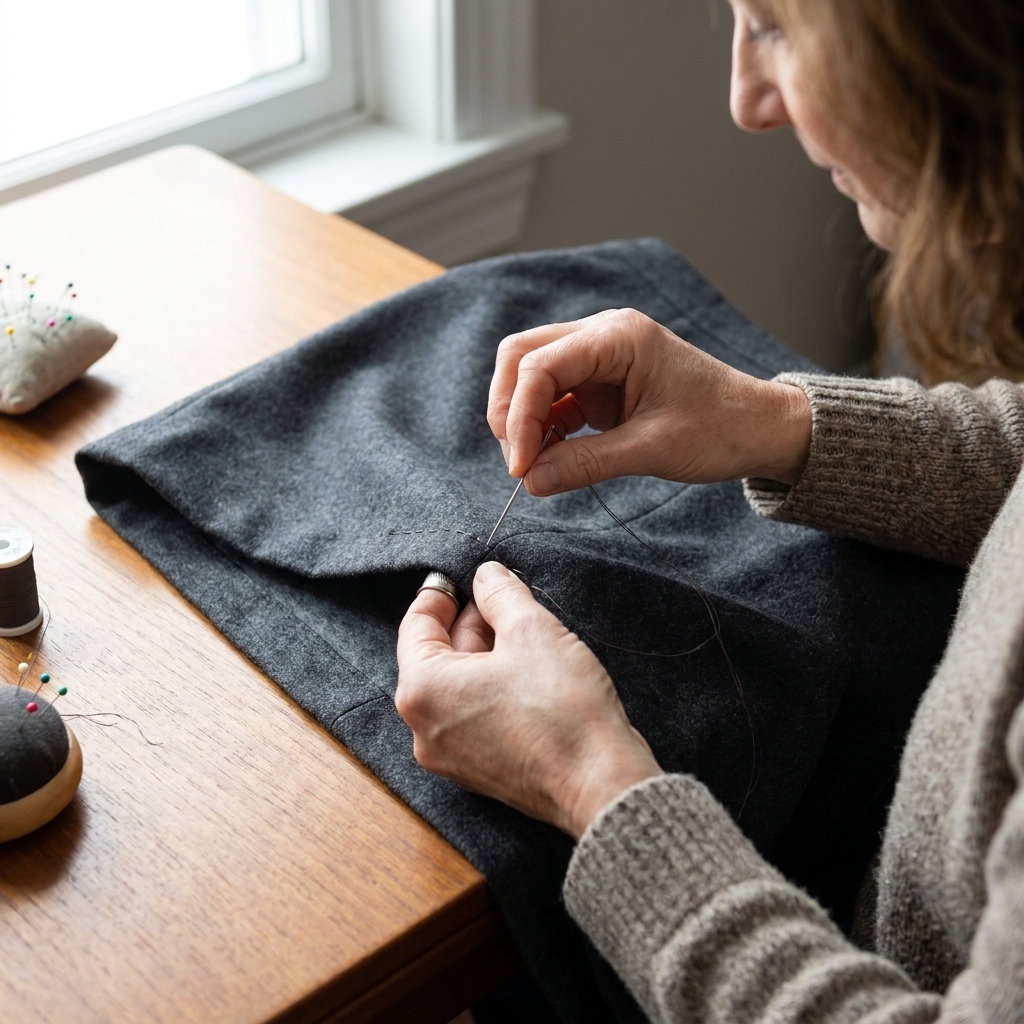 Hands using a hand needle and matching thread to sew a blind hem on a skirt hemline, with the fabric folded and pressed on a tabletop