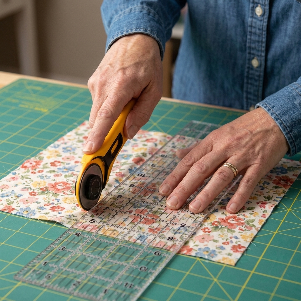 Hands using a rotary cutter and clear quilting ruler to cut a square of cotton fabric on a self-healing cutting mat