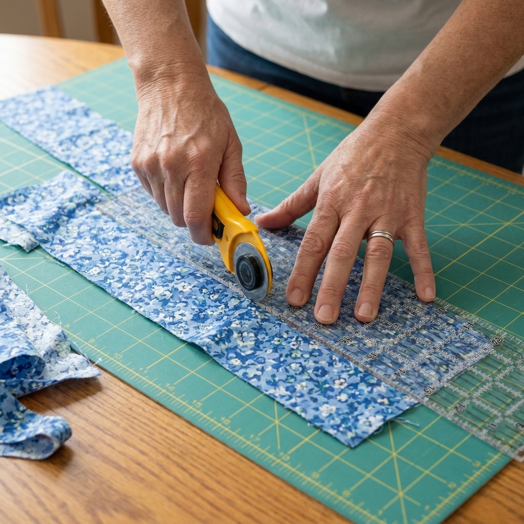 Hands using a rotary cutter and ruler to cut a long fabric rectangle on a cutting mat