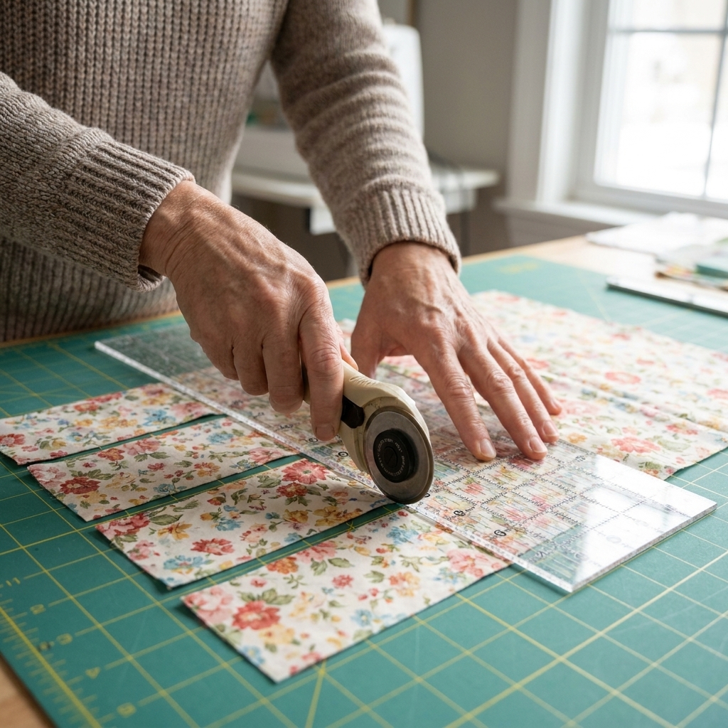 Hands using a rotary cutter and ruler to cut rectangular pieces from cotton fabric on a cutting mat