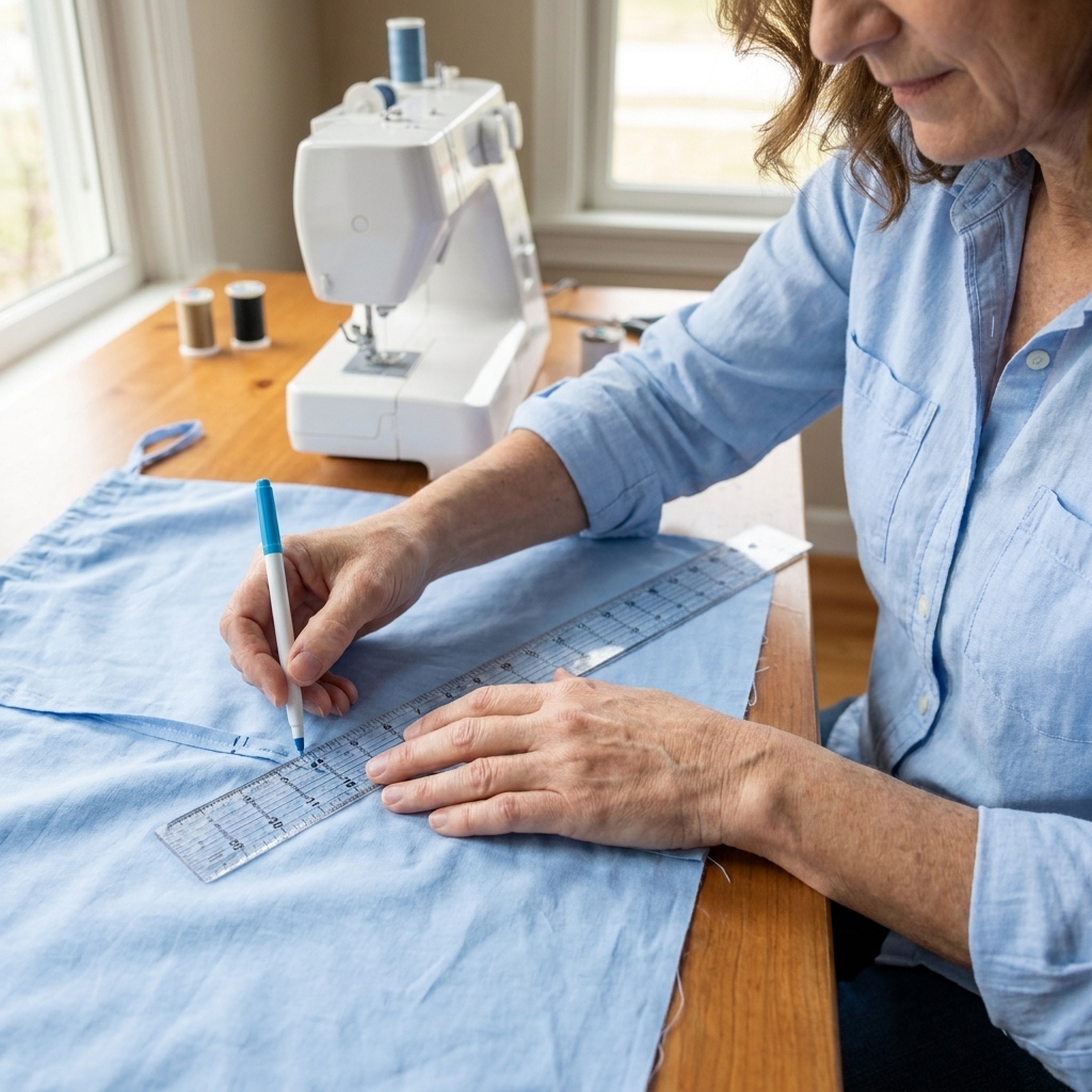 Hands using a ruler and fabric marker to mark a 1-inch gap near the top side seam area of cotton fabric for a drawstring opening