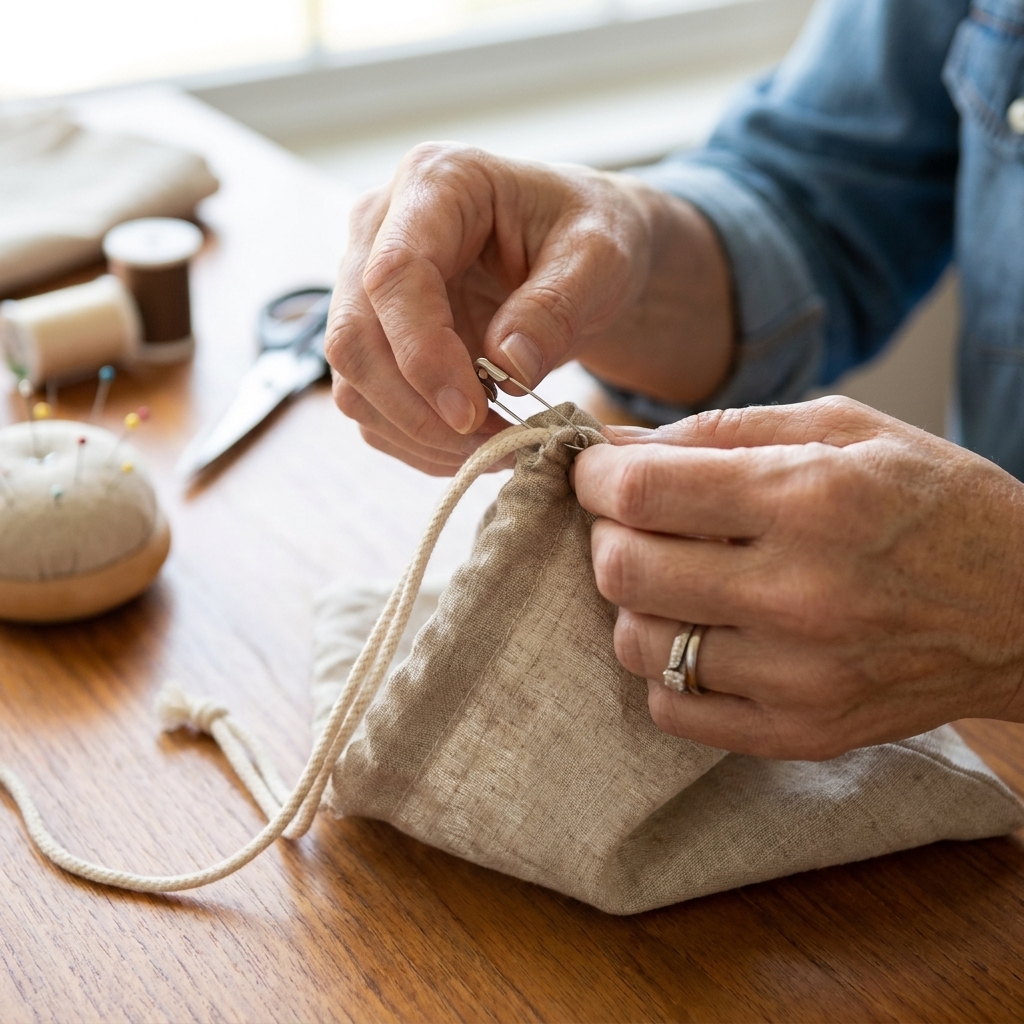 Hands using a safety pin to guide cotton cord through the casing of a small fabric drawstring bag