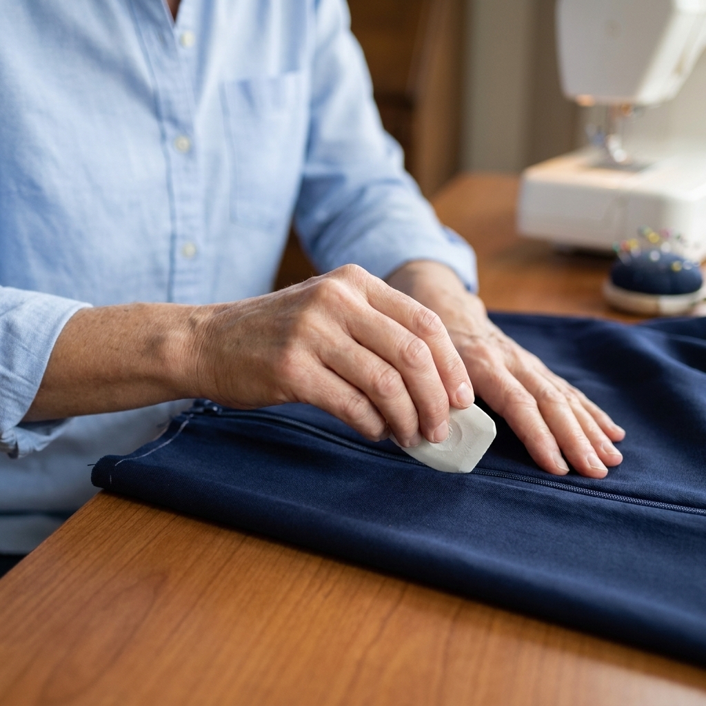Hands using tailor's chalk to mark the start and stop points of a zipper opening along the seam line on fabric
