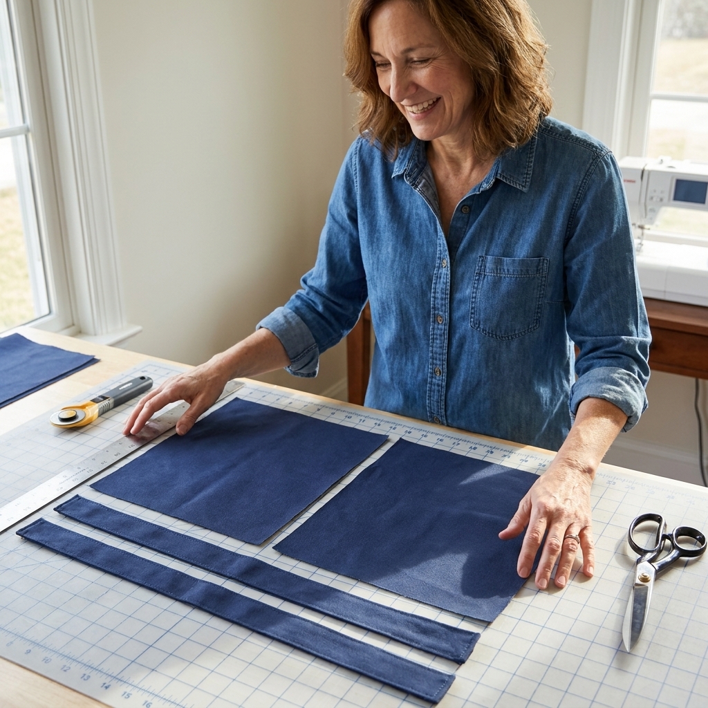 Neatly cut fabric rectangles for the tote body and long strap strips arranged on a cutting mat beside a ruler and fabric scissors