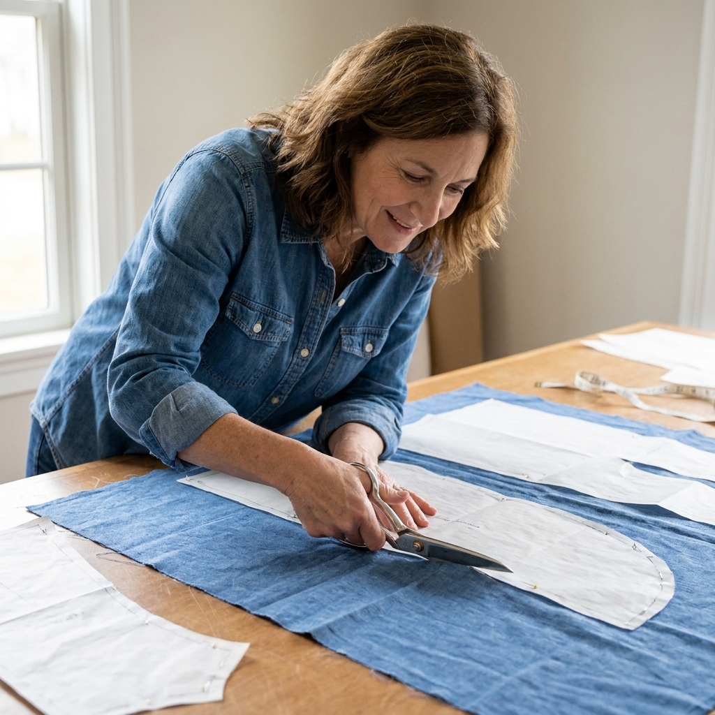 Pinned paper pattern pieces on woven fabric with a pair of sewing shears cutting smoothly along a curved edge on a large worktable