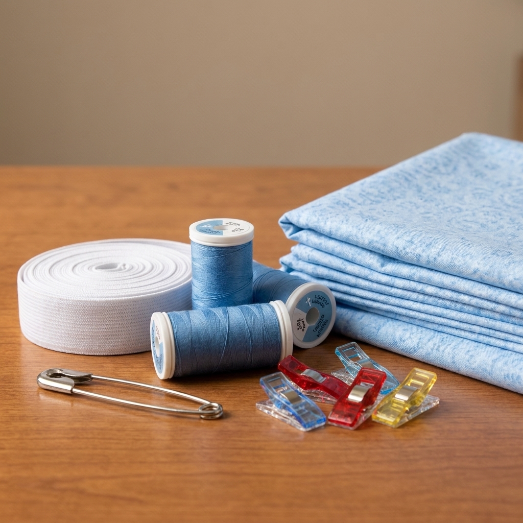 Sewing supplies including a roll of 1-inch elastic, matching thread spools, a safety pin, and fabric clips arranged beside folded cotton fabric