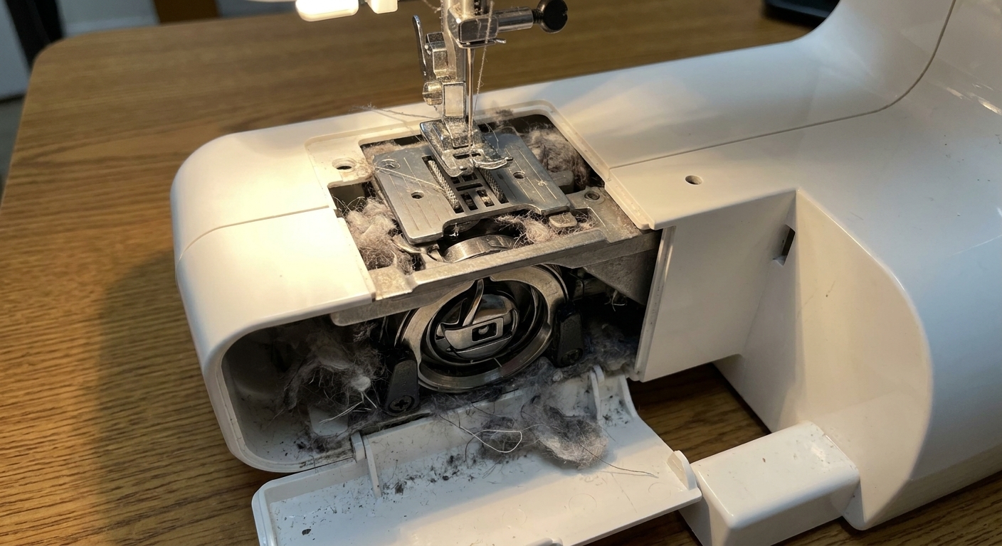 The bobbin compartment of a sewing machine with the needle plate removed, showing lint buildup near the feed dogs and hook race on a well-lit work surface