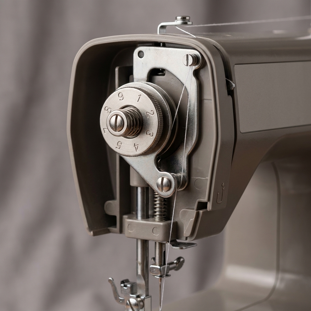 The front of a sewing machine showing the tension dial area and the thread path leading down into the tension section