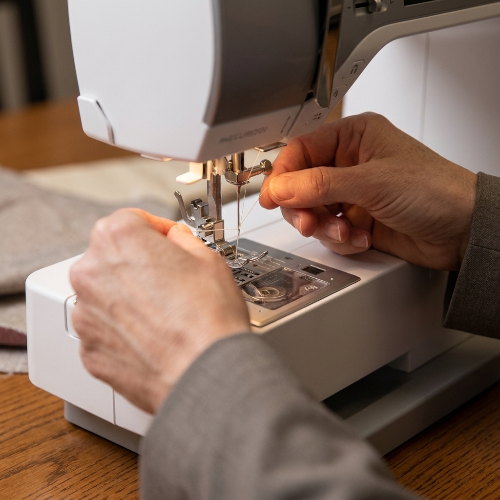 The needle area of a sewing machine showing thread passing through the small guide above the needle clamp