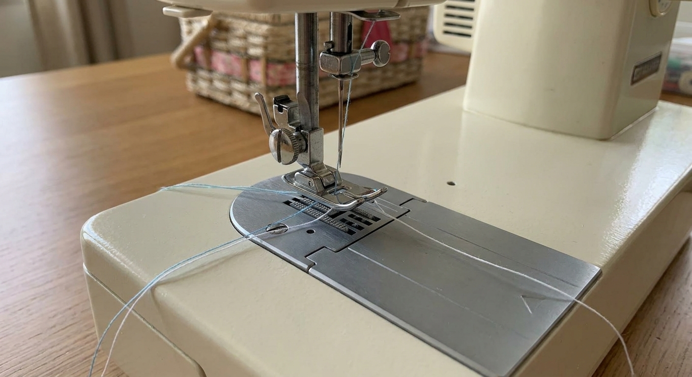 The needle plate area of a sewing machine with both the top thread and bobbin thread pulled up and lying under the presser foot