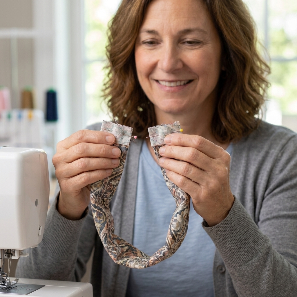 The short ends of the fabric tube opened flat, pinned right sides together so they can be sewn easily into a loop