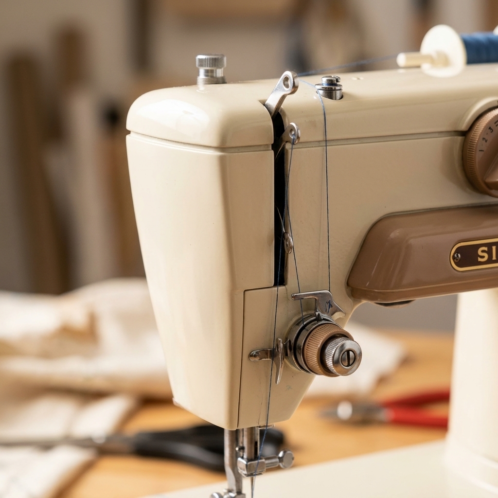 The upper front of a sewing machine showing the take-up lever and thread guides with the faceplate area visible