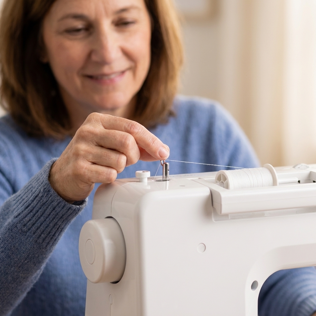 Thread being pulled through the first thread guide at the top of a sewing machine