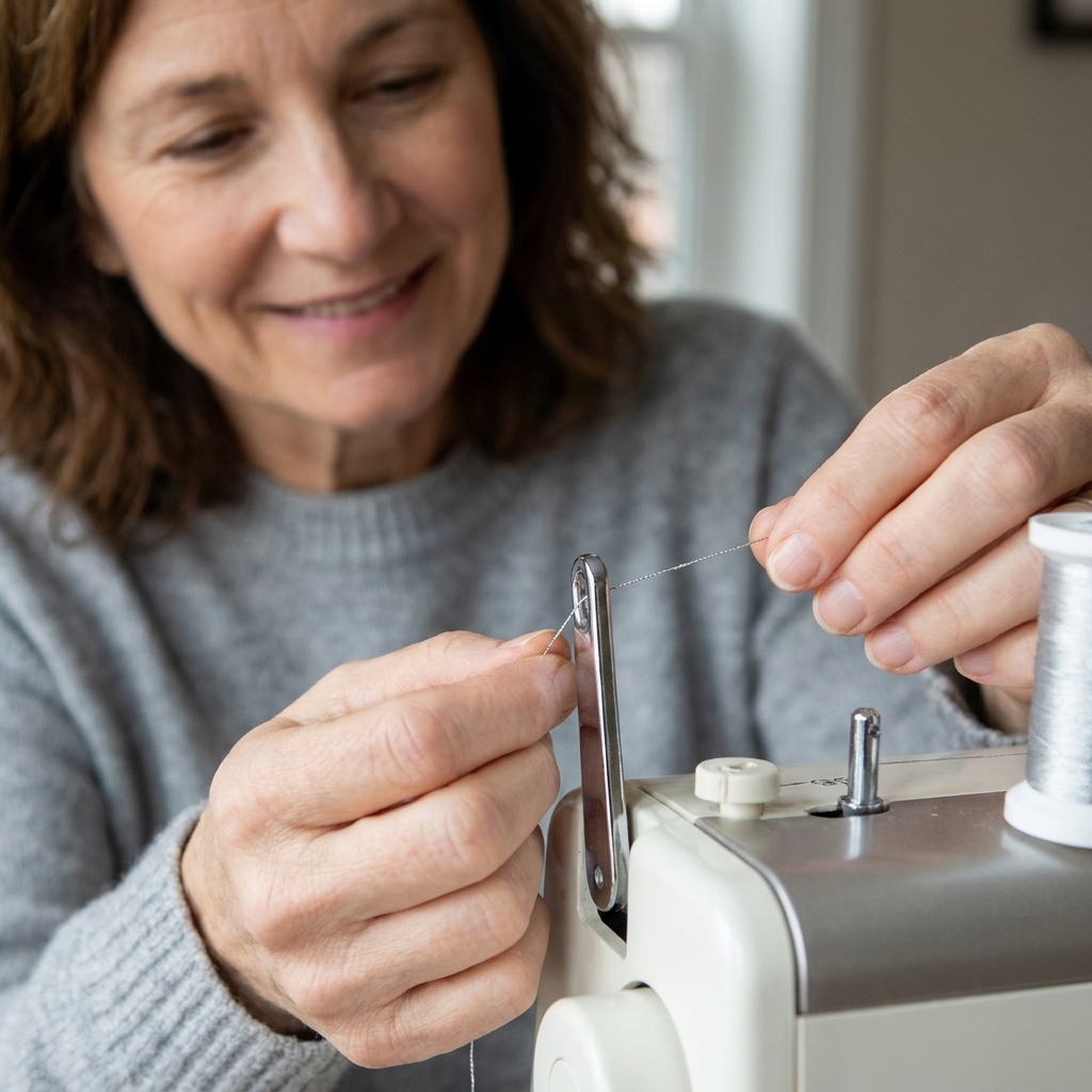 Thread correctly seated in the take-up lever opening on a sewing machine