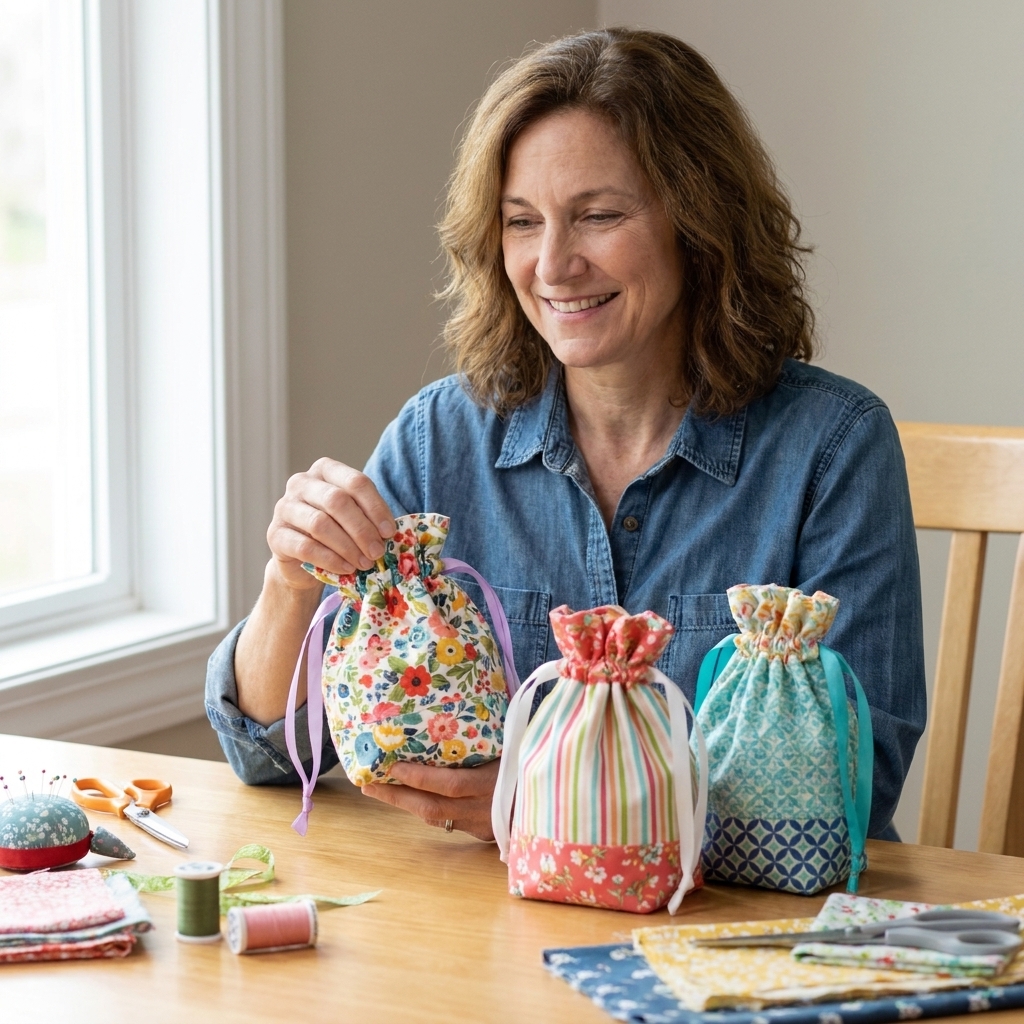 Three small handmade drawstring bags in colorful cotton fabric sitting on a craft table