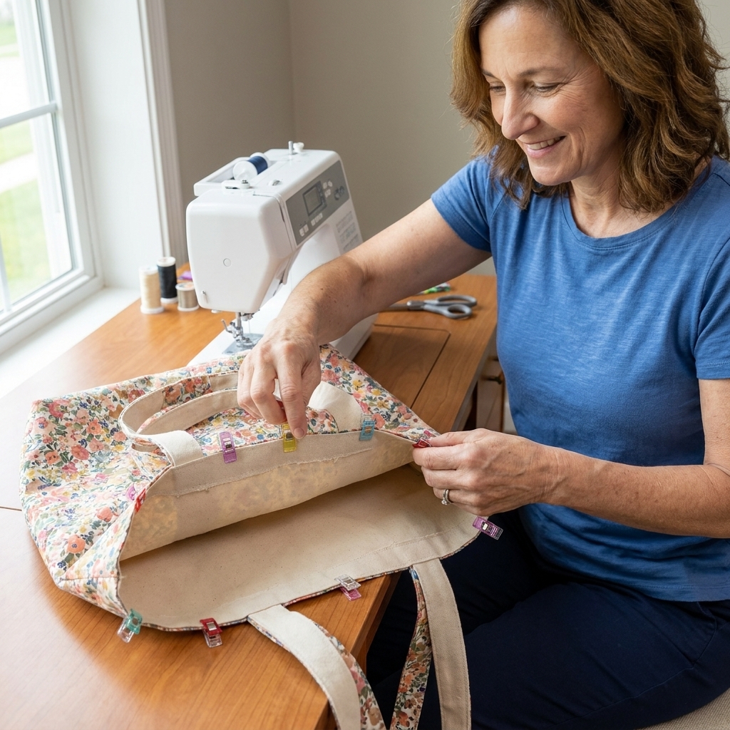 Two nested tote bag layers clipped around the top edge on a sewing table, with strap ends tucked between the layers