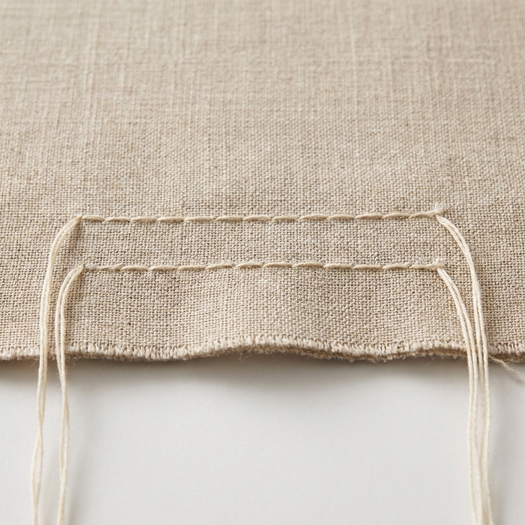Woven fabric showing two parallel rows of long basting stitches running evenly near the raw edge, with long thread tails left at both ends